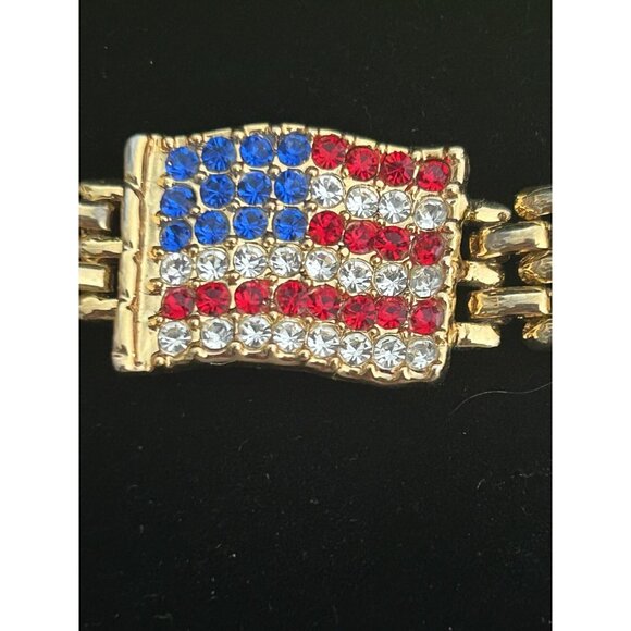 Patriotic American Flag Red White Blue Rhinestone Channel Set Chunky Bracelet 8" - Picture 4 of 5